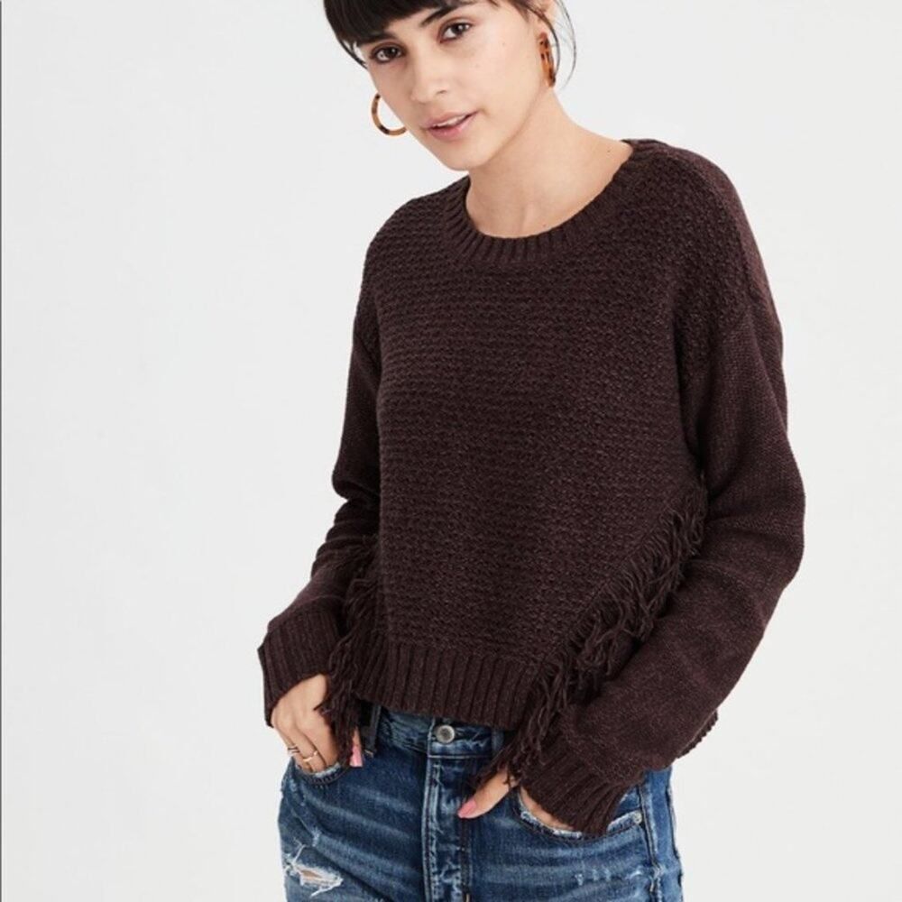 American Eagle Brown Knit Fringe Cropped Sweater Size Woman's Large